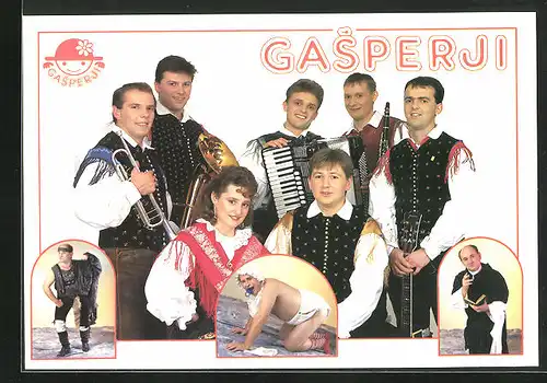 AK Musikergruppe Gasperji in Tracht und verschiedenen Kostümen