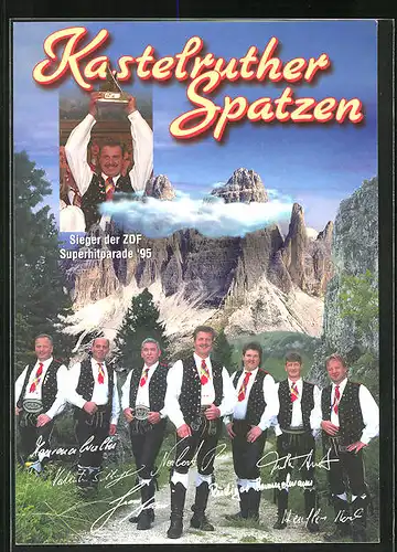 AK Kastelruther Spatzen, Musiker in Tracht vor Bergkulisse
