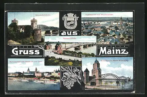 AK Mainz, Eisenbahnbrücke, Ortsansicht vom Stephansturm, Kaiserbrücke Mainz - Wiesbaden, Rheinansicht