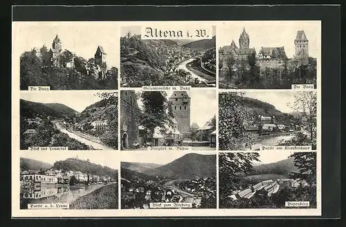 AK Altena i. W., Burg, Blick ins Lennetal, Partie am Krankenhaus, Papenberg, Burghof mit Bühne