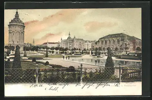 AK Mannheim, Friedrichsplatz mit Wasserturm und Rosengarten