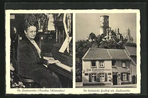 AK Bad Godesberg, Gasthof zur Lindenwirtin, Die Lindenwirtin Ännchen Schumacher am Klavier
