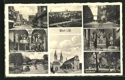 AK Werl i. W., Walburgisstrasse, Wallfahrtskirche, Kurgarten, Schlossruine, Ortsansicht