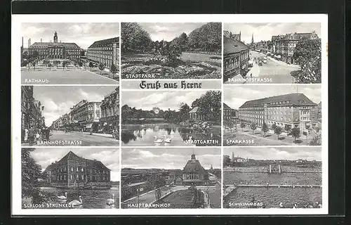 AK Herne i. W., Rathaus, Bahnhofstrasse, Schloss Strünkede, Stadtgarten, Sparkasse, Hauptbahnhof