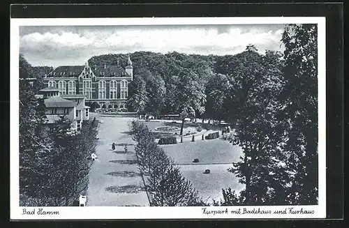 AK Bad Hamm, Kurpark mit Badehaus und Kurhaus