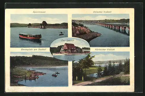 AK Möhnetalsperre, Sperrmauer, Delecker Viadukt, Körbecker Viadukt, Bootsplatz am Seehof, Gasthaus Seehof