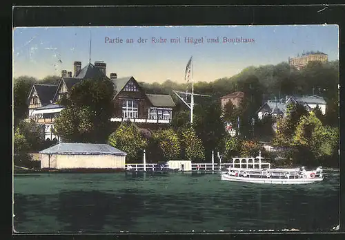 AK Essen / Ruhr, Partie an der Ruhr mit Hügel und Bootshaus