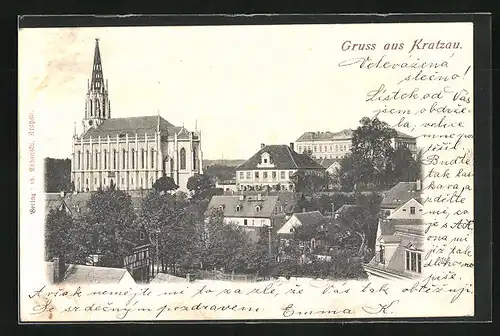 AK Kratzau, Teilansicht mit Kirche