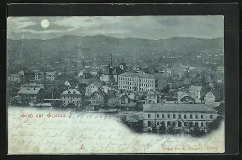 Mondschein-AK Grottau / Hradek Nad Nisou, Panoramablick aus der Vogelschau