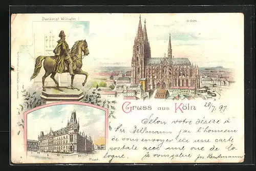 Lithographie Köln, Post, Denkmal Wilhelm I., Dom