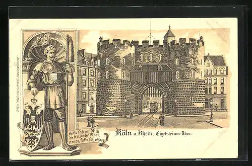 Lithographie Köln, Eigelsteiner Thor, Ritter mit Wappen