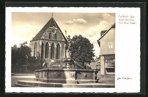 AK Arnstadt / Thür., Hopfenbrunnen und Kirche