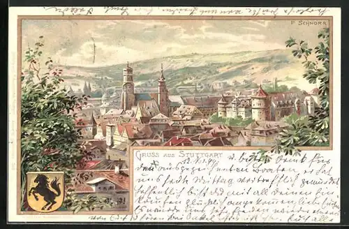 Lithographie Stuttgart, Gesamtansicht, Stadtwappen