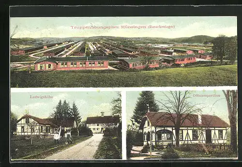 AK Münsingen, Barackenlager, Ludwigshöhe und Offizierspavillon auf dem Truppenübungsplatz