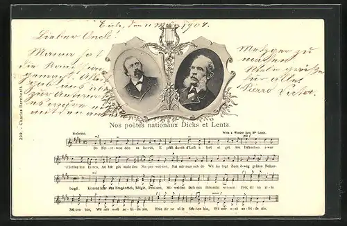 AK Nos poétes nationaux Dicks et Lentz, Portraits, Text- und Notenzeilen