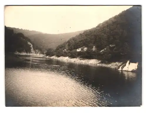 5 Fotografien unbekannter Fotograf, Ansicht Urfttalsperre, Sperrmauer am Obersee, Stausee mit Insel und Zulauf 1926