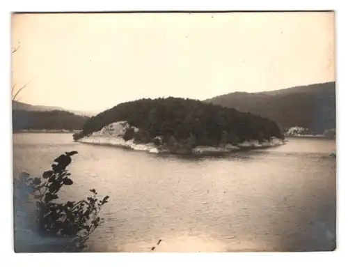 5 Fotografien unbekannter Fotograf, Ansicht Urfttalsperre, Sperrmauer am Obersee, Stausee mit Insel und Zulauf 1926