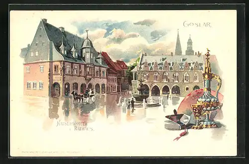 Lithographie Goslar, Kaiserworth und Rathaus