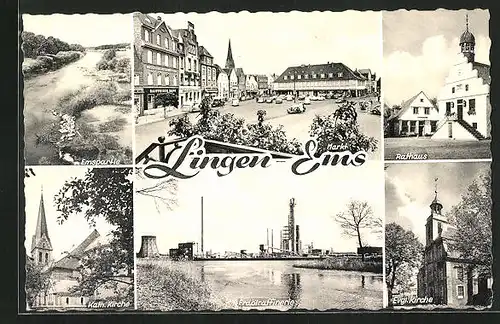 AK Lingen / Ems, Emspartie, Markt, Rathaus, Kath. Kirche, Erdölraffinerie und Evgl. Kirche