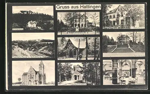 AK Hattingen, Schulenburg, Eisenbahn-Tunnel, Rathaus, Bismarckturm und Ratskeller