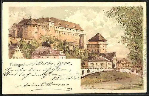 Lithographie Tübingen, Ortspartie mit Burg und Brücke