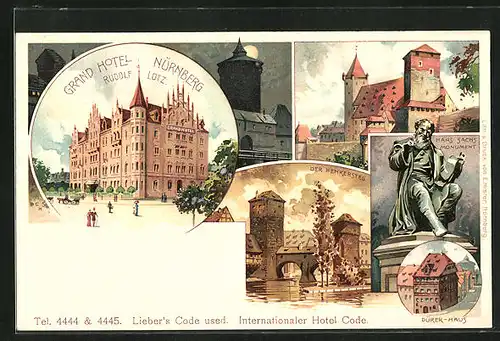 Lithographie Nürnberg, Grand Hotel, Hans Sachs Monument, Henkersteg und Burg