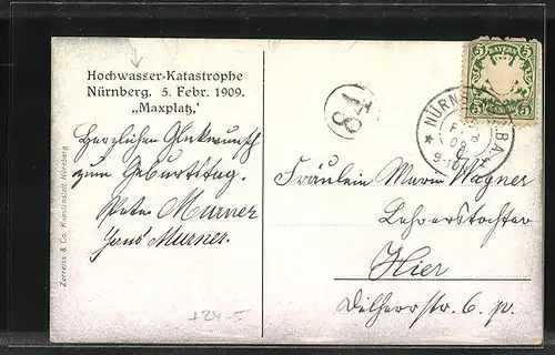 AK Nürnberg, Hochwasser-Katastrophe 5. Februar 1909, Maxplatz