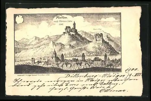 AK Nassau, Ortsansicht nach Merian im Jahre 1640