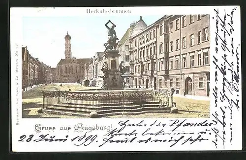 Goldfenster-AK Augsburg, Herkulesbrunnen, Häuserzeile mit leuchtenden Fenstern