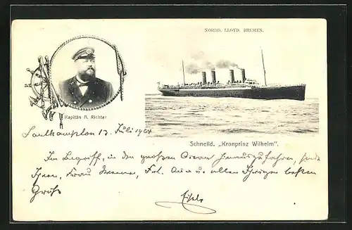 AK Passagierschiff Kronprinz Wilhelm auf hoher See, Kapitän A. Richter, Norddeutscher Lloyd