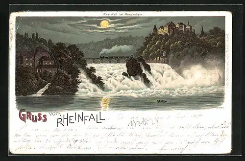 Lithographie Schaffhausen, Rheinfall im Mondschein, Wasserfall