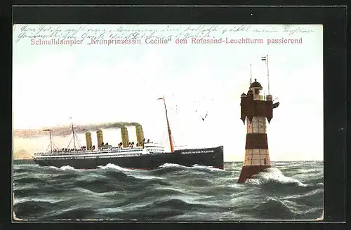 AK Passagierschiff Kronprinzessin Cecilie passiert den Rotesand-Leuchtturm