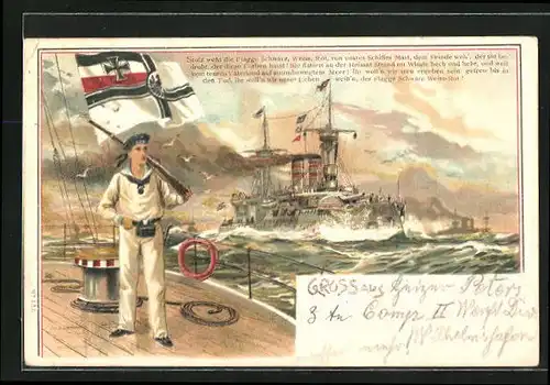 AK Matrose mit Gewehr auf Wachposten auf dem Kriegsschiff, deutsche Reichskriegsflagge