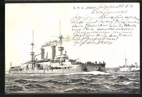 AK Kriegsschiff S. M. S. Wettin auf hoher See