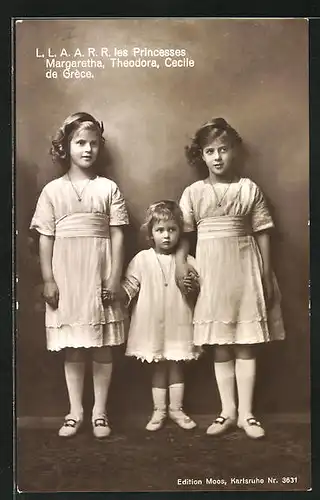 AK Prinzessinnen Margaretha, Theodora und Cecile von Griechenland in sommerlichen Kleidern