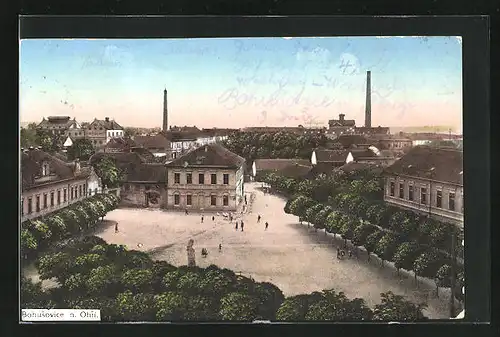 AK Bohusovice n. Ohri, Ortspartie mit Marktplatz und Fabriken