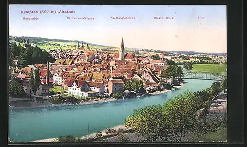 AK Kempten, Gesamtansicht mit Burghalde, St. Lorenz-Kirche und Elektr. Werk