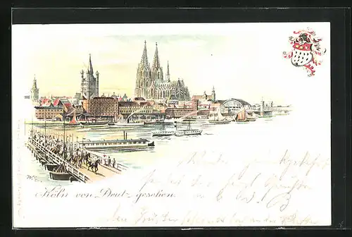 Lithographie Köln, Blick vom Stadtteil Deutz auf den Dom