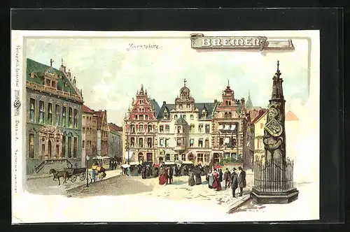 Lithographie Bremen, am Marktplatz