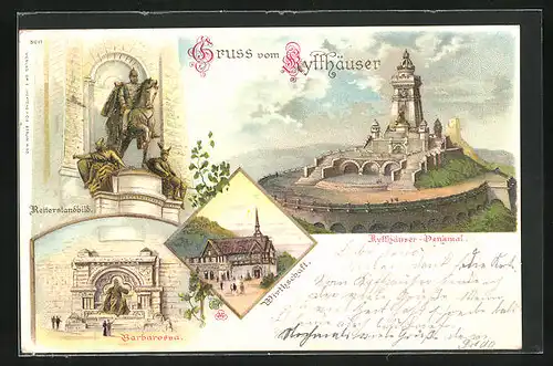 Lithographie Kyffhäuser, Denkmal, Reiterstandbild, Gasthaus, Barbarossa