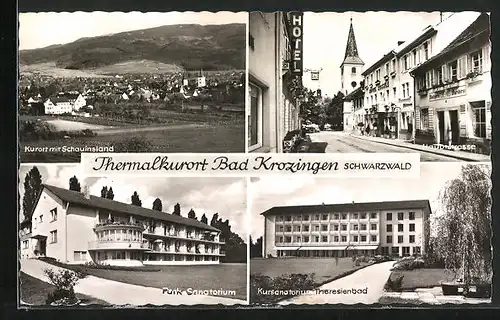 AK Bad Krozingen / Schwarzwald, Park Sanatorium, Theresienbad und Hauptstrasse