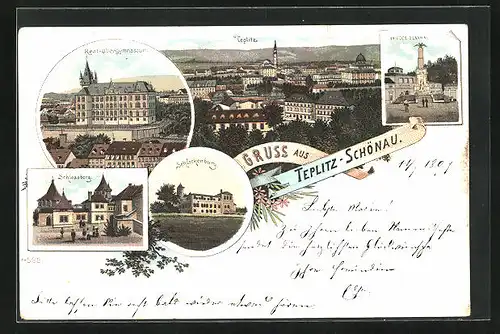 Lithographie Teplitz Schönau / Teplice, Gesamtansicht, Real-Obergymnasium, Schlackenburg & Krieger-Denkmal