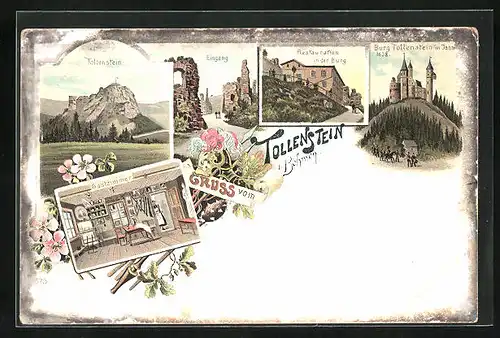 Lithographie Tollenstein, Panorama, Restauration in der Burg und Gastzimmer