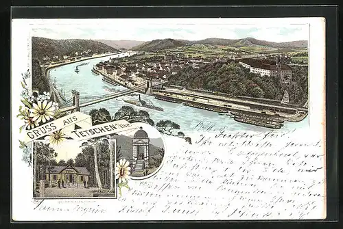 Lithographie Tetschen-Bodenbach / Decin, Panorama und Kaiseraussicht