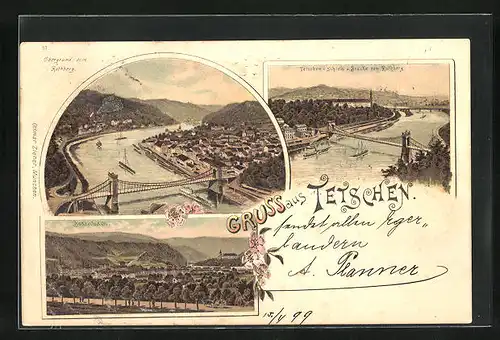 Lithographie Tetschen-Bodenbach / Decin, Panorama mit Obergrund mit Rothberg