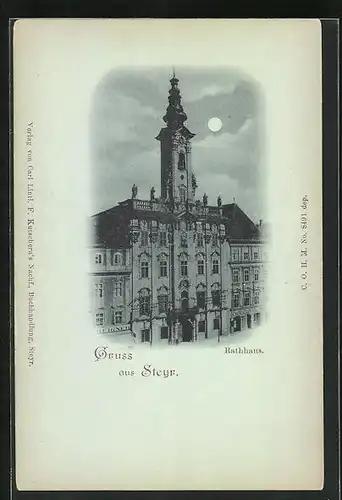Mondschein-AK Steyr, Blick auf das Rathaus