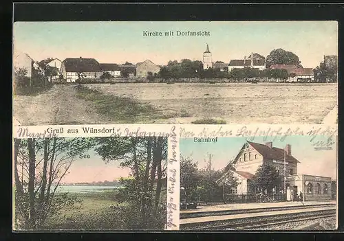 AK Wünsdorf, See, Bahnhof, Kirche mit Dorfansicht