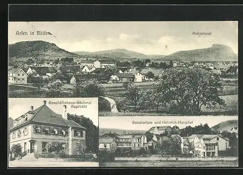 AK Arlen / Baden, Geschäftshaus-Bäckerei Ruprecht, Sanatorium und Heinrich-Hospital, Gesamtansicht mit Hohentwiel