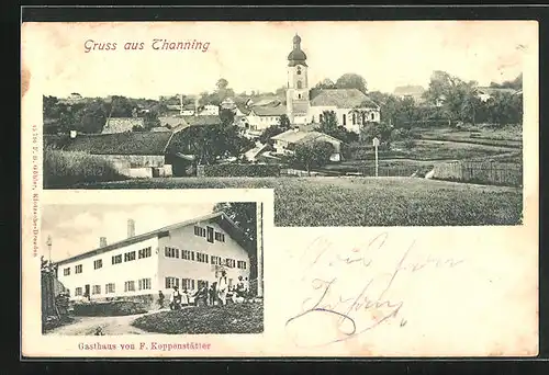 AK Thanning, Gasthaus von F. Koppenstätter, Gesamtansicht mit Kirche