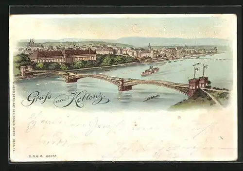 Lithographie Koblenz, Gesamtansicht, Halt gegen das Licht: beleuchtete Häuser und Brücke